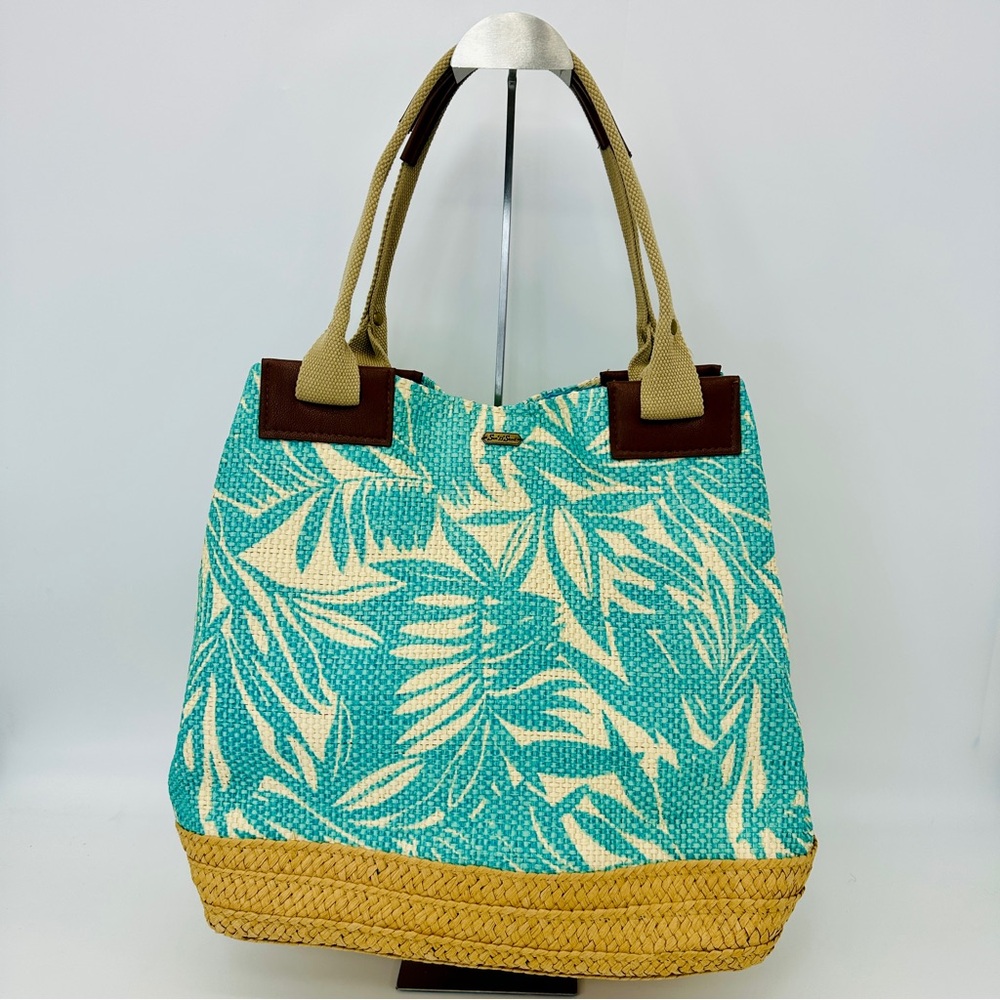 Sun & Sand Woven Tote Bag-Canvas & Raffia Style Turquoise Linen Lined 14”